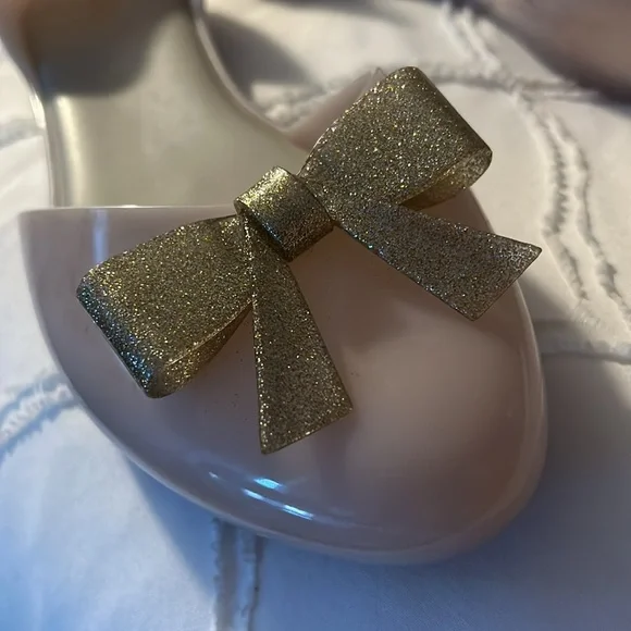 ✨ MELISSA ✨ Cream And Gold Glitter Bow Jelly D’Orsay Flats Size US 9 - Picture 7 of 11